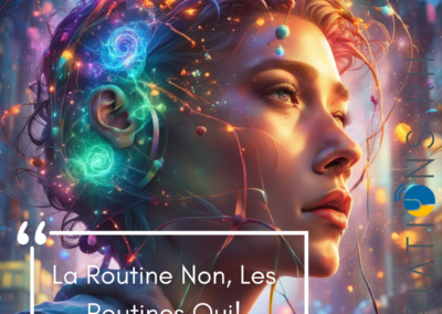 une jeune femme cybernétique regarde au loin alors que des connexions synaptiques sont apparentes autour de sa tête